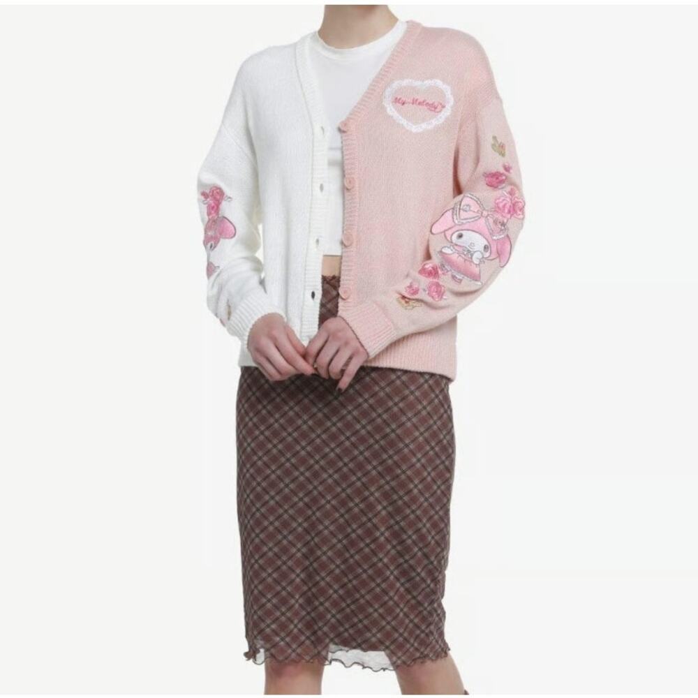 HOT TOPIC x MY MELODY Split Cardigan Sweater Pink White Sz XL {F49}